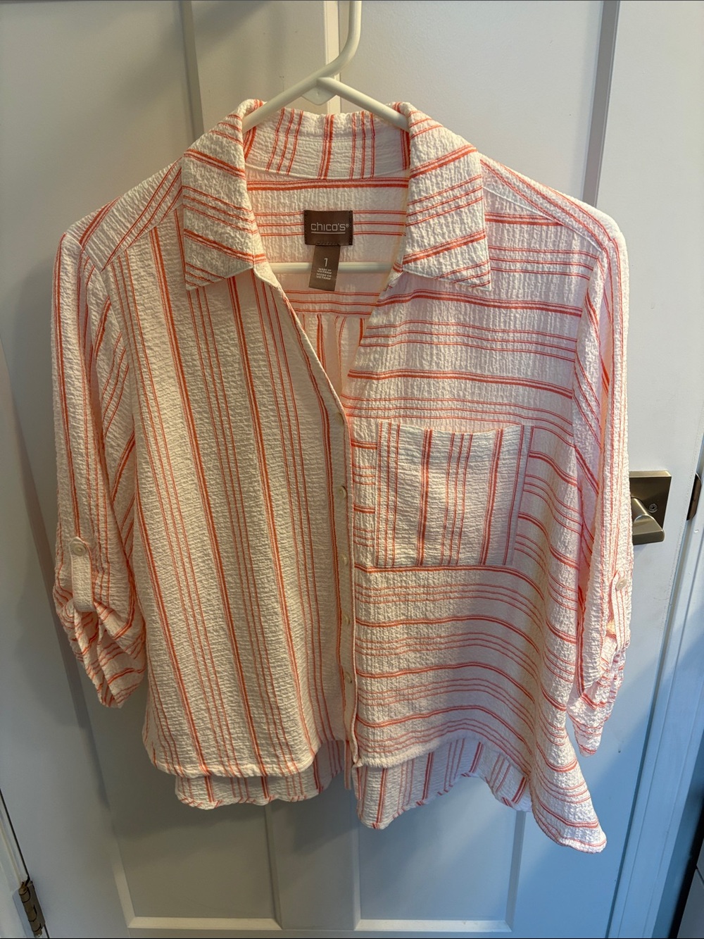 Chico's Coral-Striped Lightweight Button Front Shirt